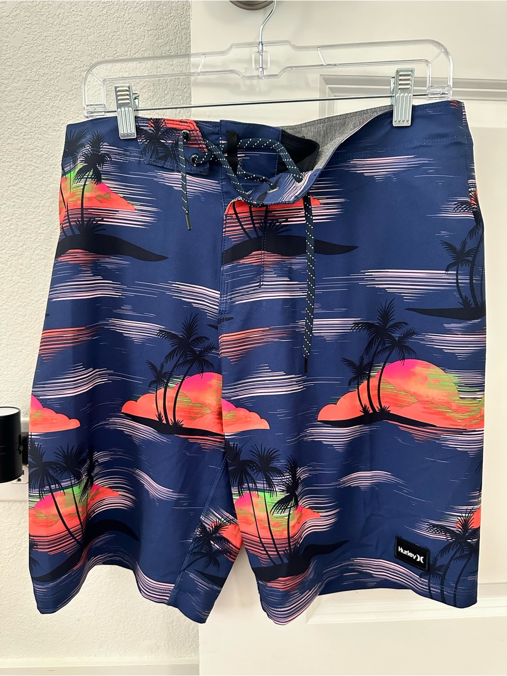 Hurley Men’s Navy Board Shorts with Pink and Green Sunset Print
